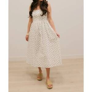 NEW B.RIGHT avielle ditzy floral clip dot corset tie midi dress in white blue mu
